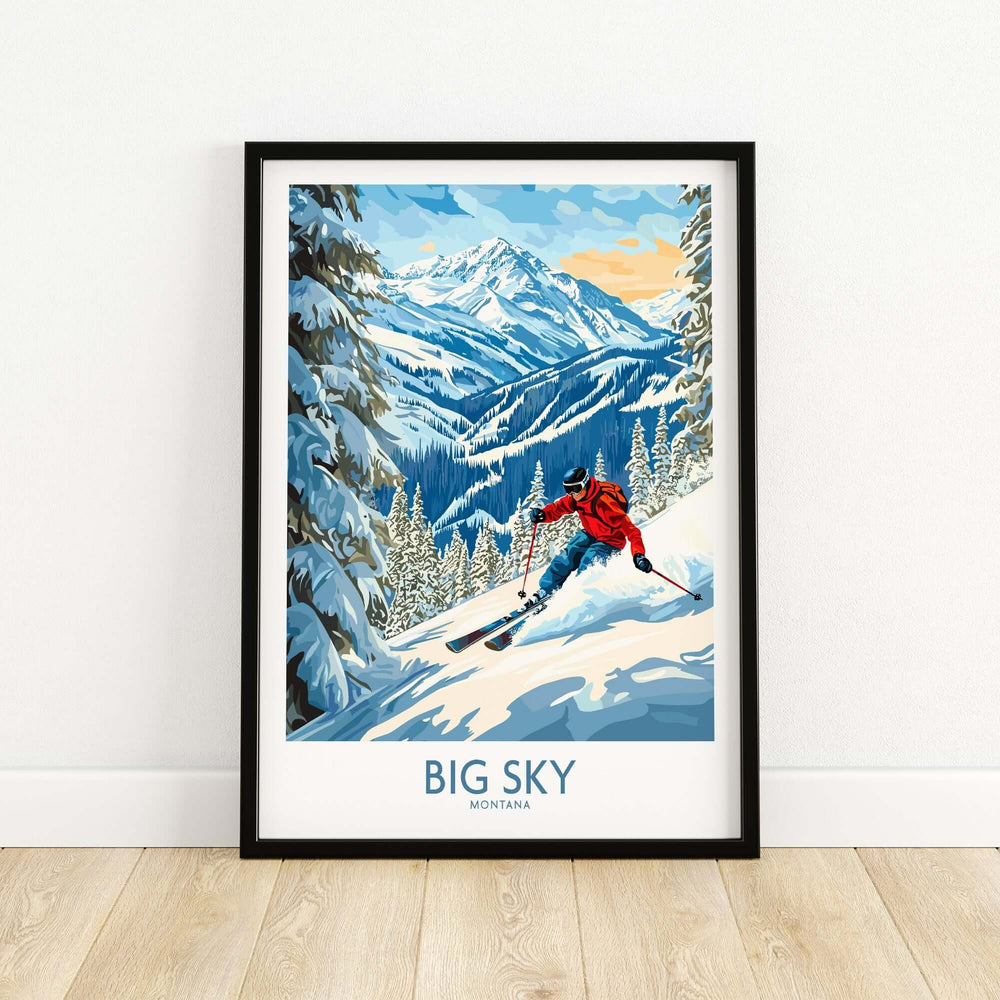 Colorful Big Sky Ski Poster featuring a skier in red surrounded by snow-covered mountains and trees, perfect for ski enthusiasts.