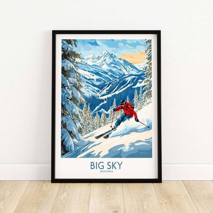 Colorful Big Sky Ski Poster featuring a skier in red surrounded by snow-covered mountains and trees, perfect for ski enthusiasts.