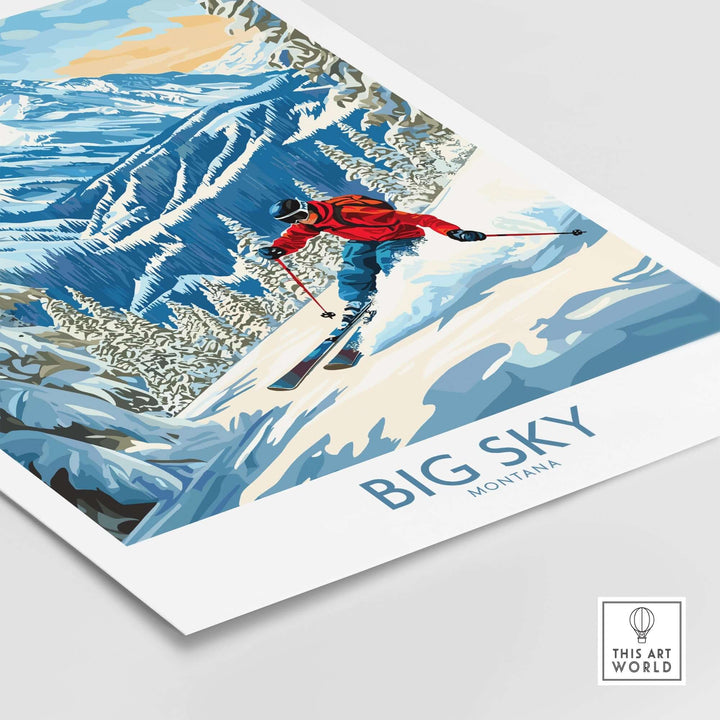 Big Sky Ski Poster showcasing a skier in action against a backdrop of majestic mountains and snow-covered trees in Montana.