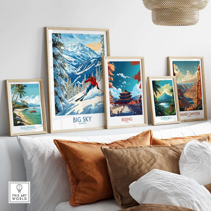 Big Sky Ski Poster among framed travel art, showcasing mountain scenery, ski action, and vibrant decor for ski enthusiasts.