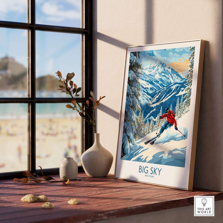 Big Sky Ski Poster featuring a skier on snowy mountains, perfect for home decor and ski enthusiasts.