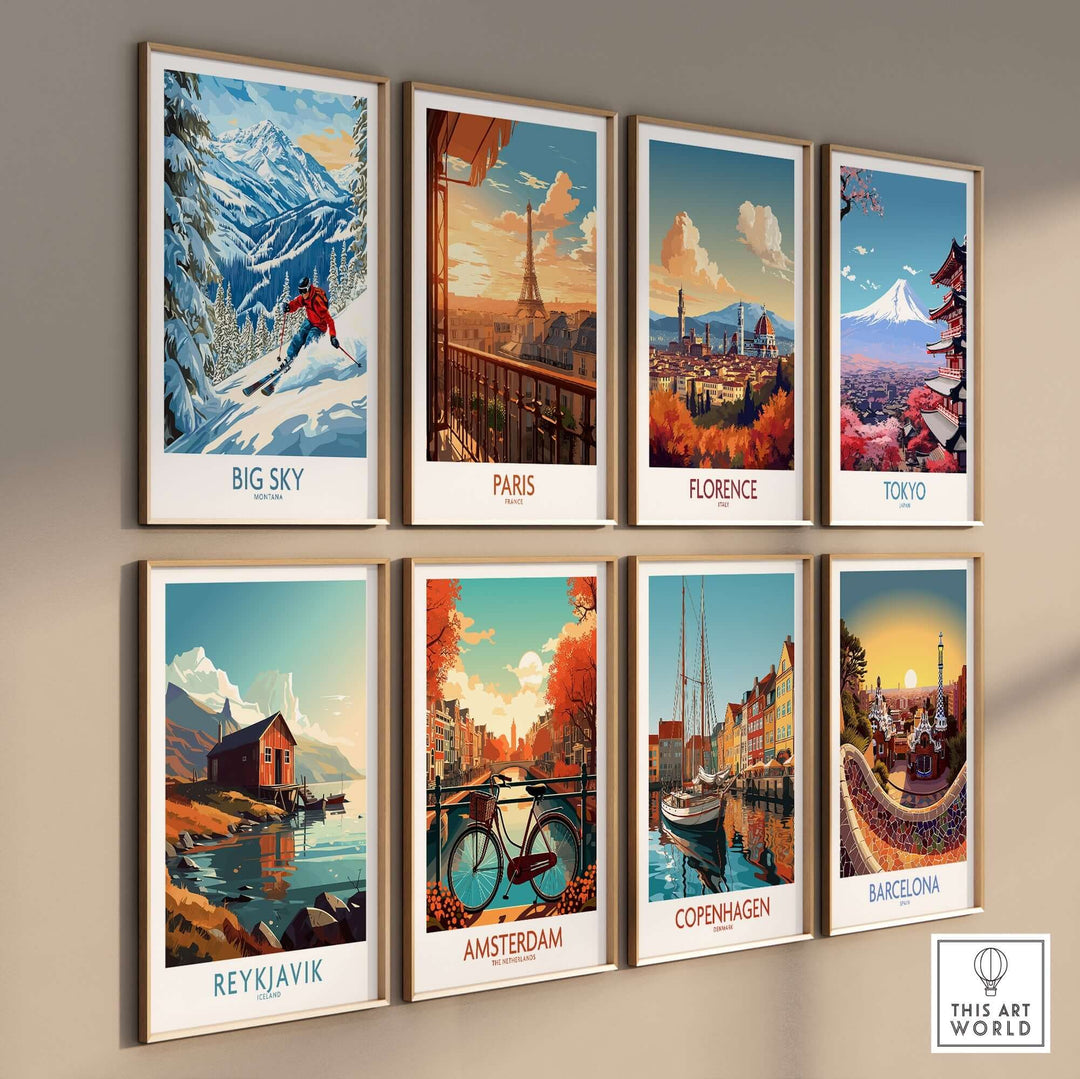 Colorful travel poster collection featuring Big Sky, Paris, Florence, Tokyo, Reykjavik, Amsterdam, Copenhagen, and Barcelona.