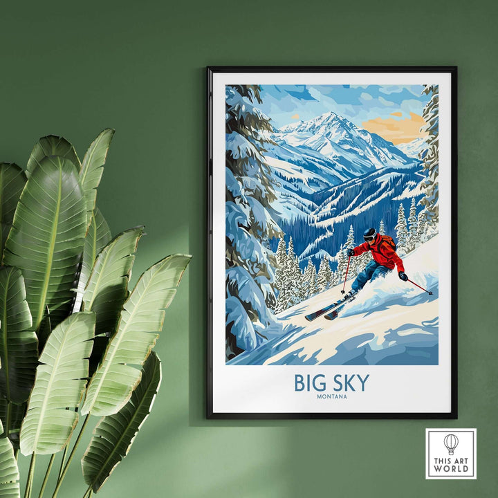 Big Sky Ski Poster showcasing a skier descending snowy mountains in Montana, perfect for ski enthusiasts and home decor.