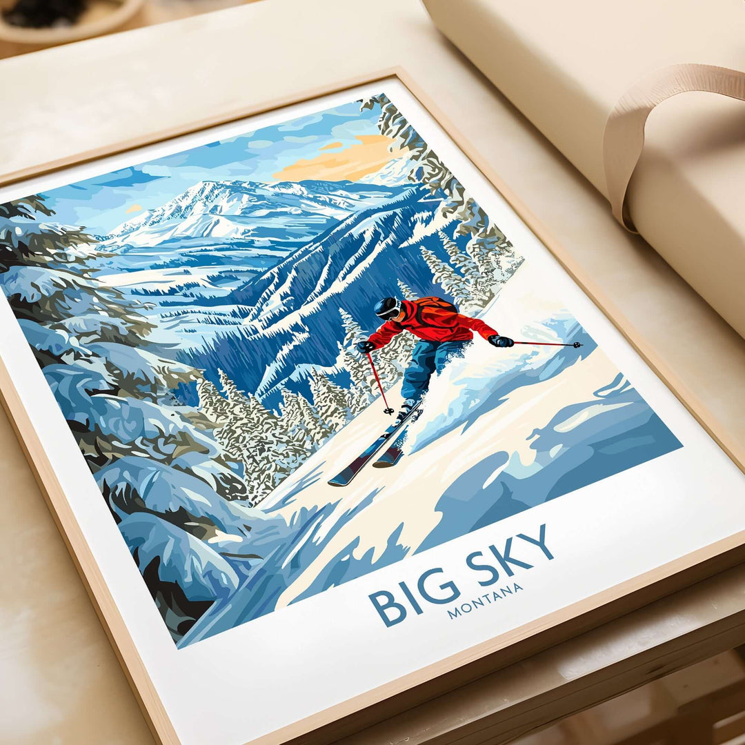 Big Sky Ski Poster featuring a skier navigating snowy mountains in Montana, perfect for ski enthusiasts and home decor.