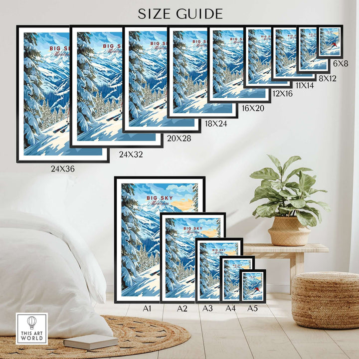 Size guide for Big Sky Ski Print featuring dimensions from 6x8 to 24x36, displayed in a cozy home setting.