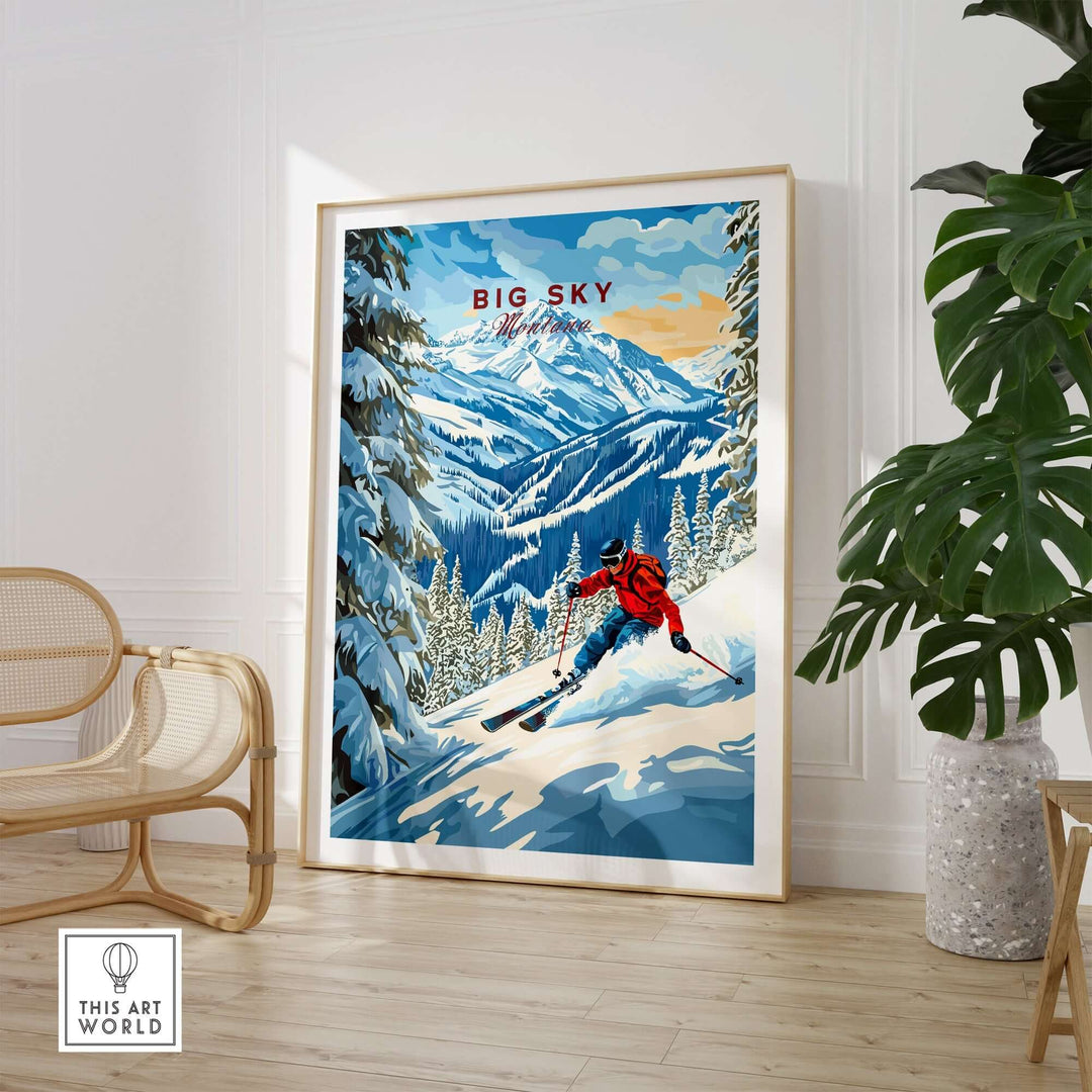 Big Sky Ski Print showcasing a skier in a snowy mountain landscape, perfect for inspiring skiing enthusiasts in any space.