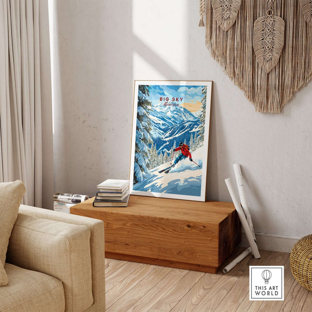 Big Sky Ski Print showcased in a stylish living room, inspiring energy and passion for skiing enthusiasts.