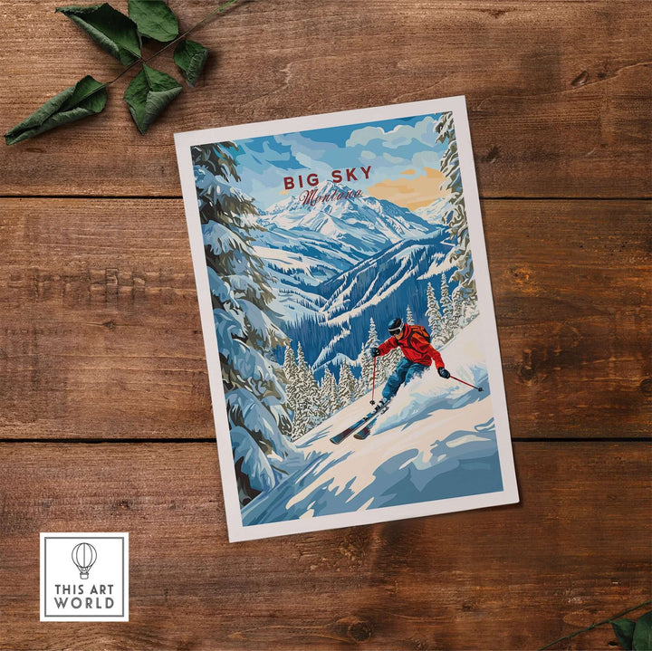 Big Sky Ski Print depicting a skier on snowy slopes, showcasing the beauty and thrill of skiing in a vibrant landscape.