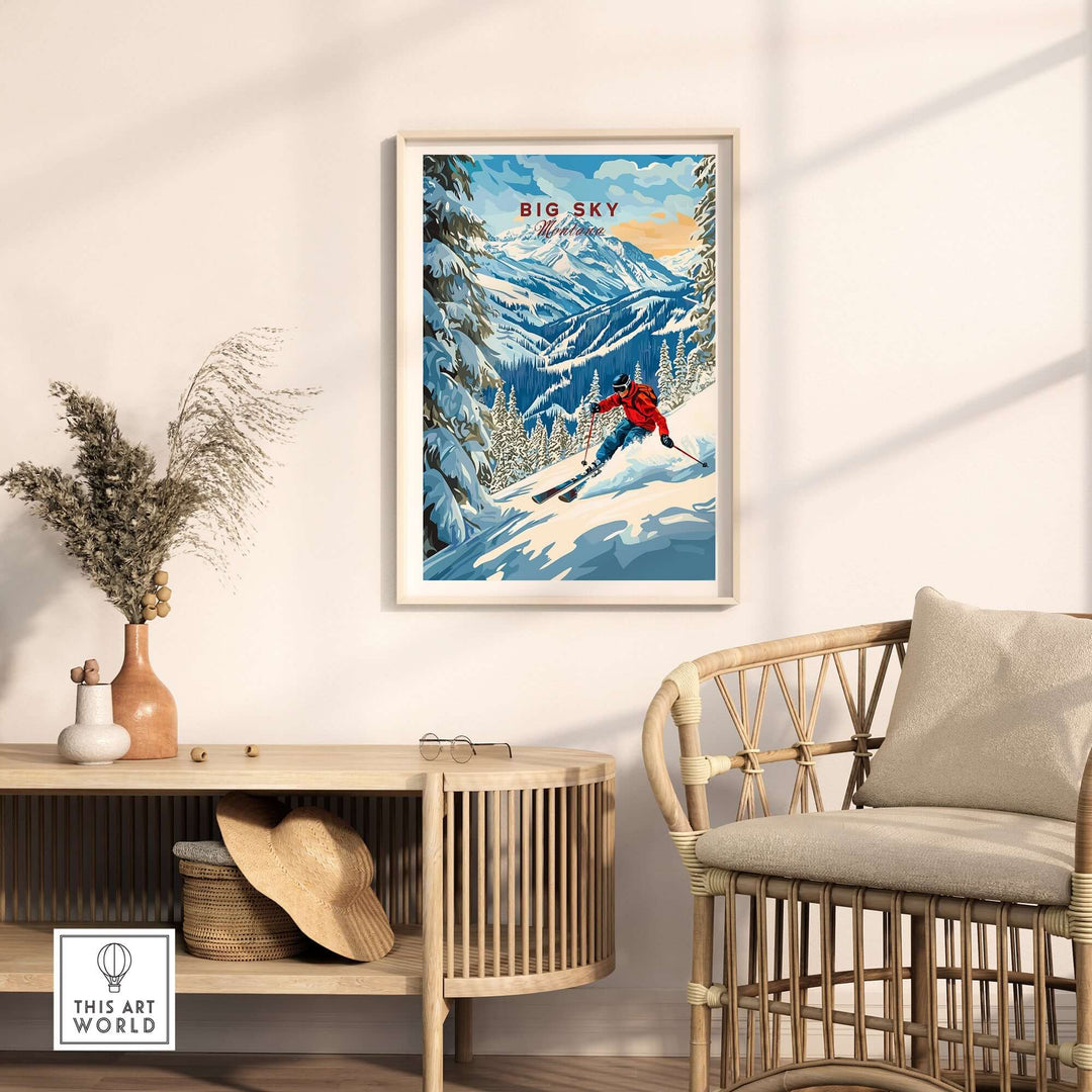 Big Sky Ski print displayed in a stylish living room with natural decor and warm lighting, capturing the essence of skiing.