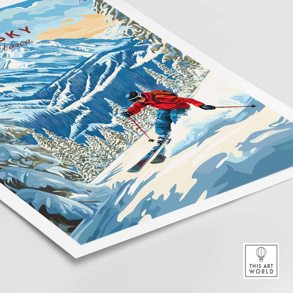 Big Sky Ski Print featuring a skier descending snowy slopes with mountains in the background, capturing the essence of skiing excitement.