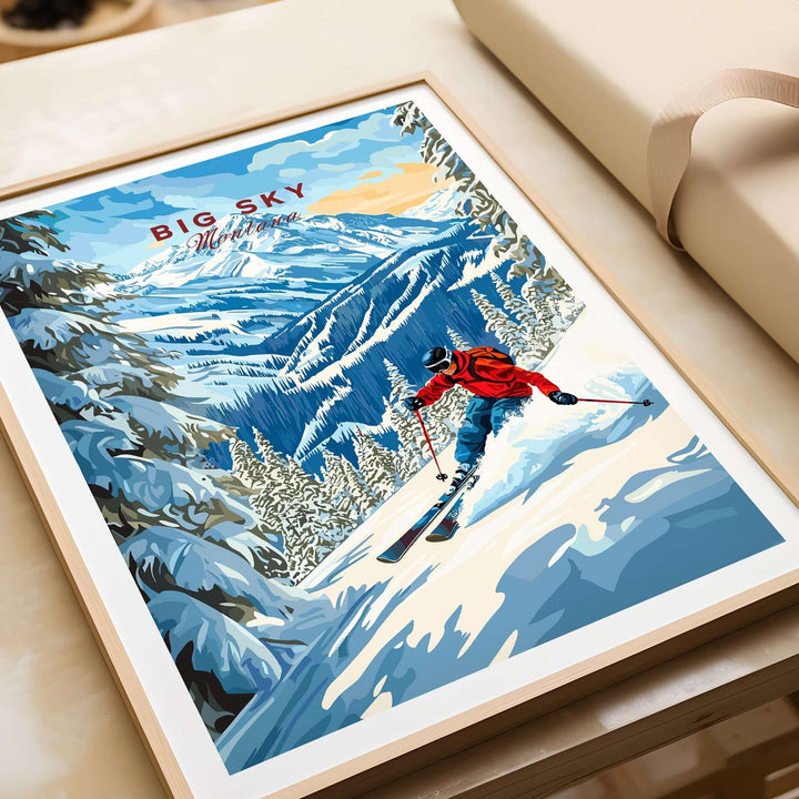 Big Sky Ski Print featuring a skier in a red jacket against a snowy mountain landscape. Perfect for ski lovers' decor.