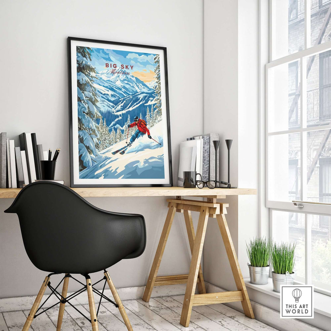 Big Sky Ski Print displayed in a stylish home office setting, capturing the thrill of skiing. Perfect for ski enthusiasts.