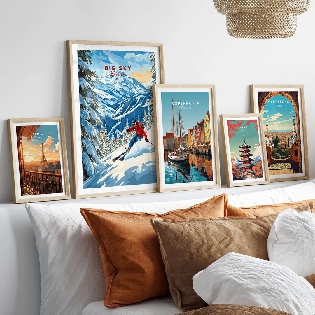 Big Sky ski print displayed among travel-themed art prints on a stylish home decor shelf. Perfect for skiing enthusiasts.