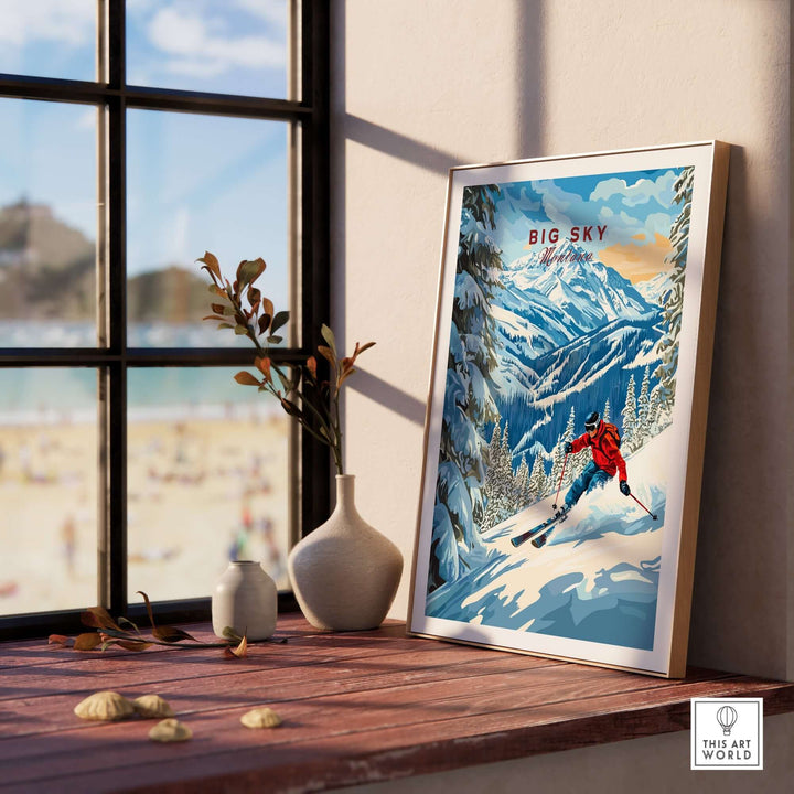 Big Sky Ski Print displayed in a cozy interior, capturing the essence of skiing with vibrant mountains and a skier.