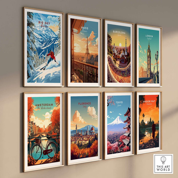 Colorful art prints featuring iconic cities and skiing scenes, perfect for home or office decor.