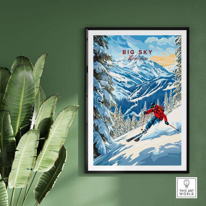 Big Sky Ski Print featuring a skier navigating snowy mountains, perfect for ski enthusiasts and home decor.