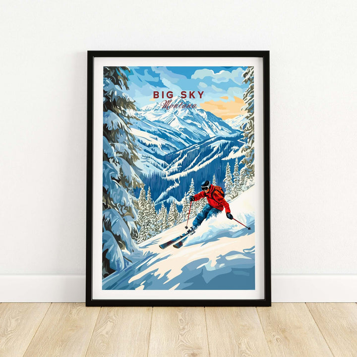 Big Sky Ski Print featuring a skier on snowy slopes, surrounded by mountains and trees, perfect for ski enthusiasts' decor.