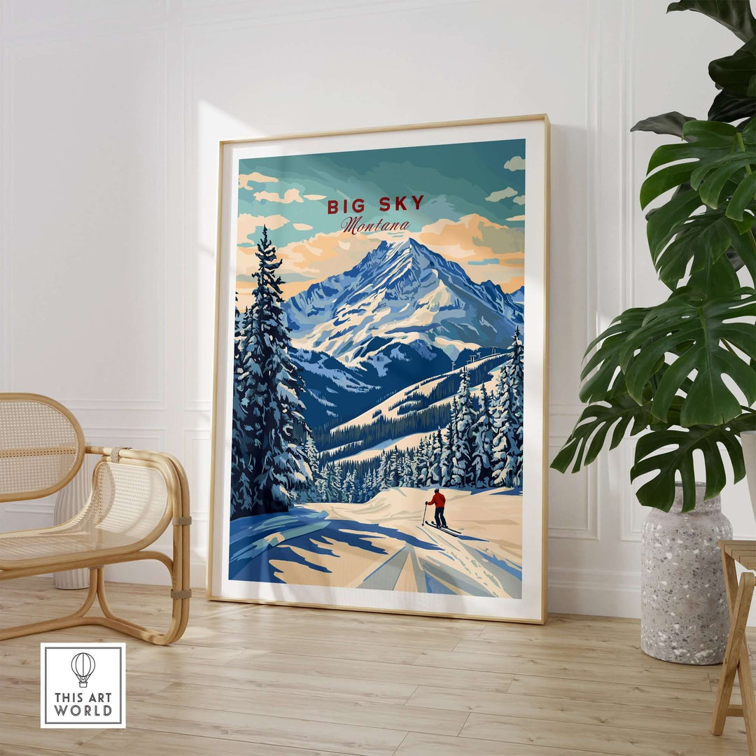 Big Sky Wall Art featuring a scenic mountain landscape with snow-covered trees and a skier in a stylish interior setting.