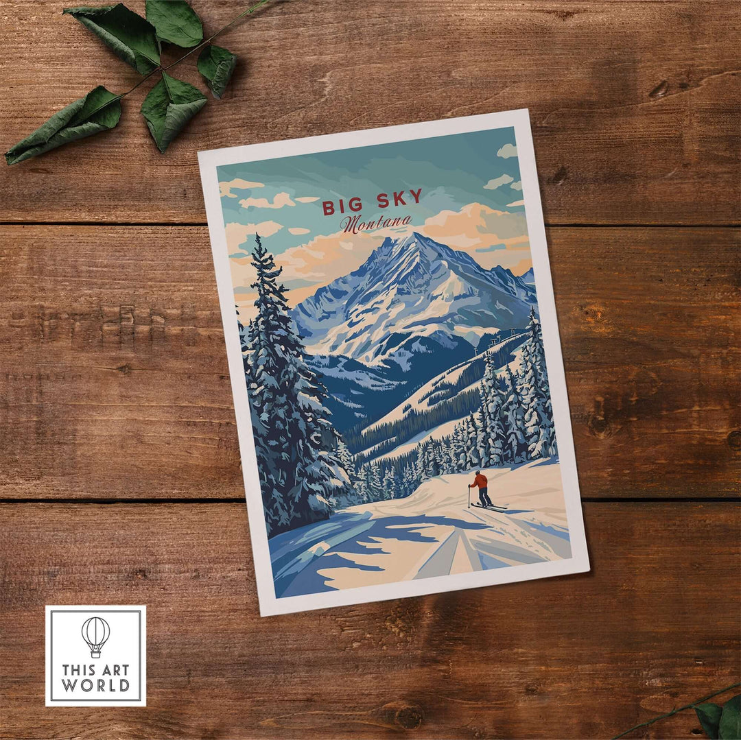 Big Sky Wall Art featuring a scenic mountain landscape with snow and trees, perfect for home decor.