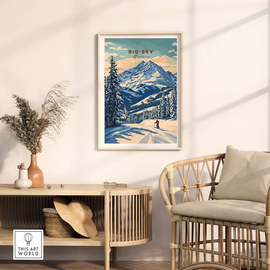 Framed Big Sky Wall Art depicting a snowy mountain scene, enhancing home decor with nature's beauty.