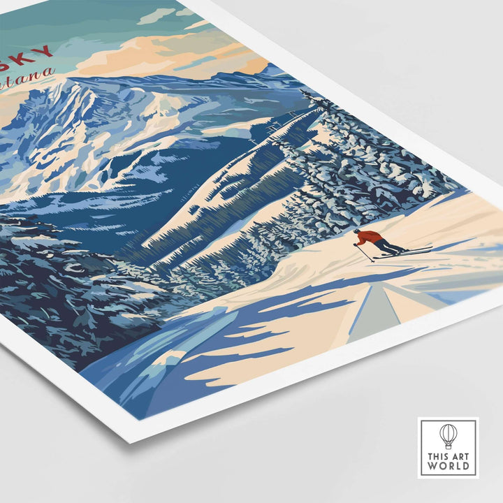 Big Sky Wall Art featuring a skier in a winter landscape with majestic mountains and snow-covered trees.