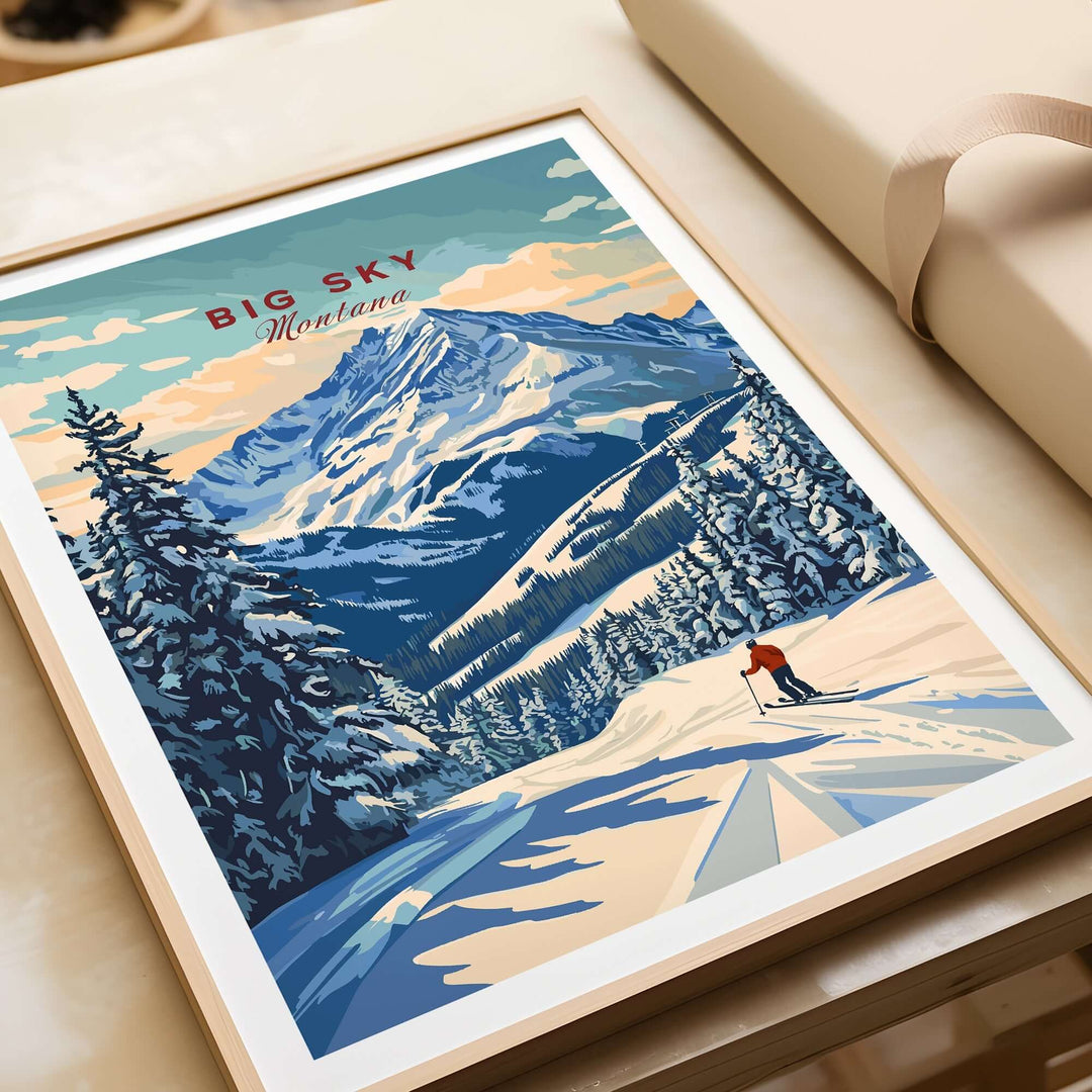 Big Sky Wall Art featuring a skier in a snowy mountain landscape with vibrant colors and natural beauty.