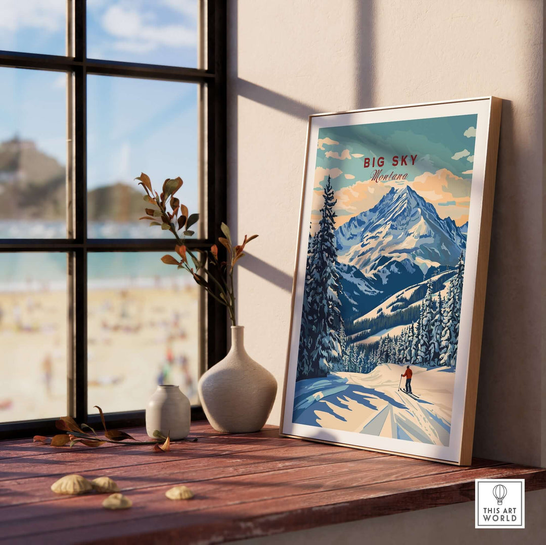 Big Sky Wall Art displayed on a windowsill, featuring mountains and a winter landscape for nature-inspired decor.