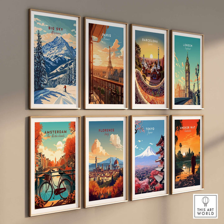 Big Sky Wall Art collection featuring vibrant travel posters of iconic cities and landscapes on a stylish gallery wall.