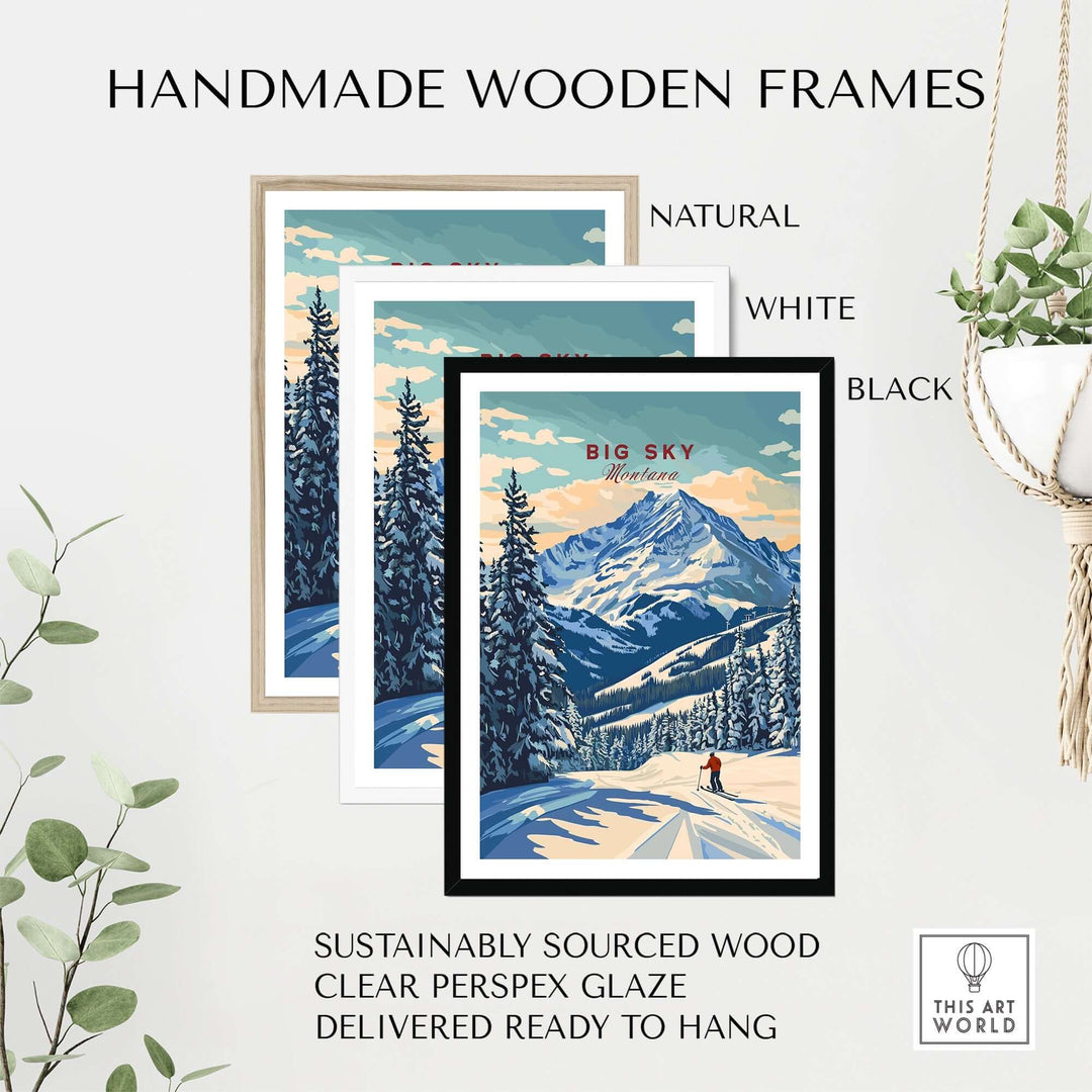 Handmade wooden frames for Big Sky Wall Art in natural, white, and black finishes, showcasing quality and style.