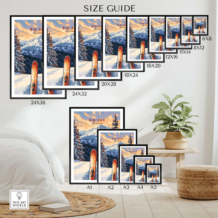 Size guide for Big Sky Wall Art Poster featuring various print dimensions and vibrant ski imagery.