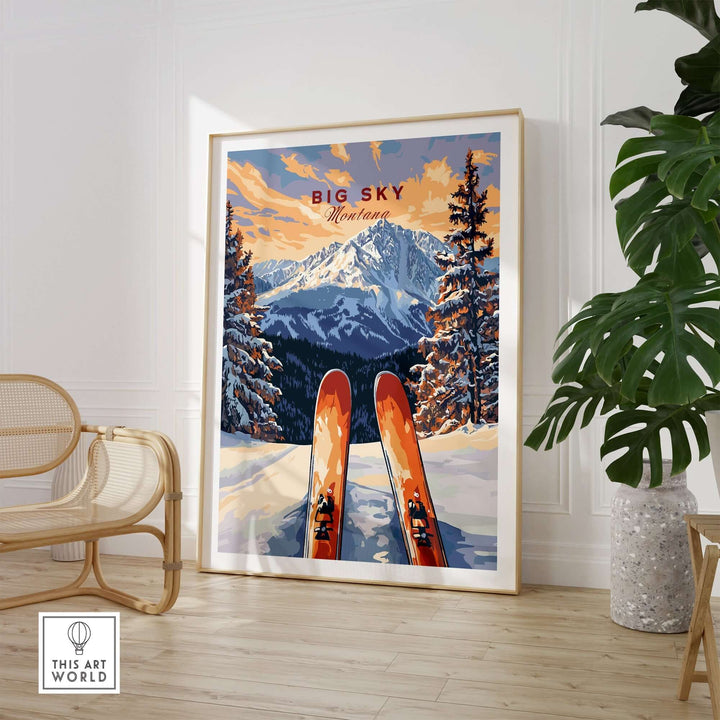 Big Sky Wall Art Poster showcasing vibrant ski scene in Montana, perfect for ski enthusiasts' home decor.