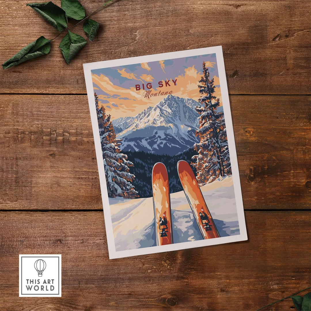 Big Sky Wall Art Poster featuring vibrant ski scene and mountain backdrop, perfect for ski lovers' home decor.