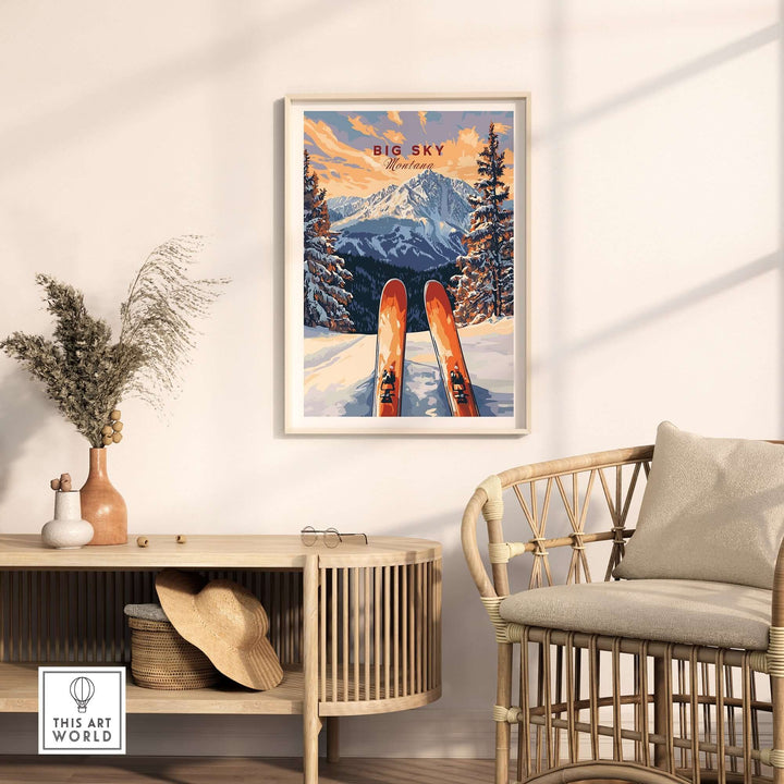 Vibrant Big Sky wall art poster featuring skis and snow-capped mountains, perfect for ski lovers' decor.