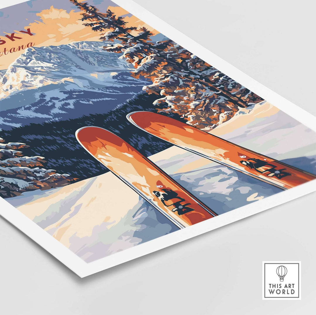 Big Sky Wall Art Poster featuring vibrant ski print with snowy mountains and skis, perfect for ski lovers' home decor.