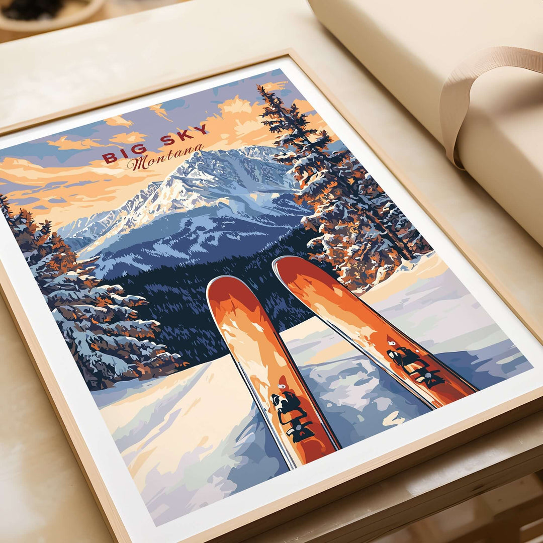 Big Sky Wall Art Poster featuring vibrant ski scene and mountains, perfect for ski lovers' home decor.