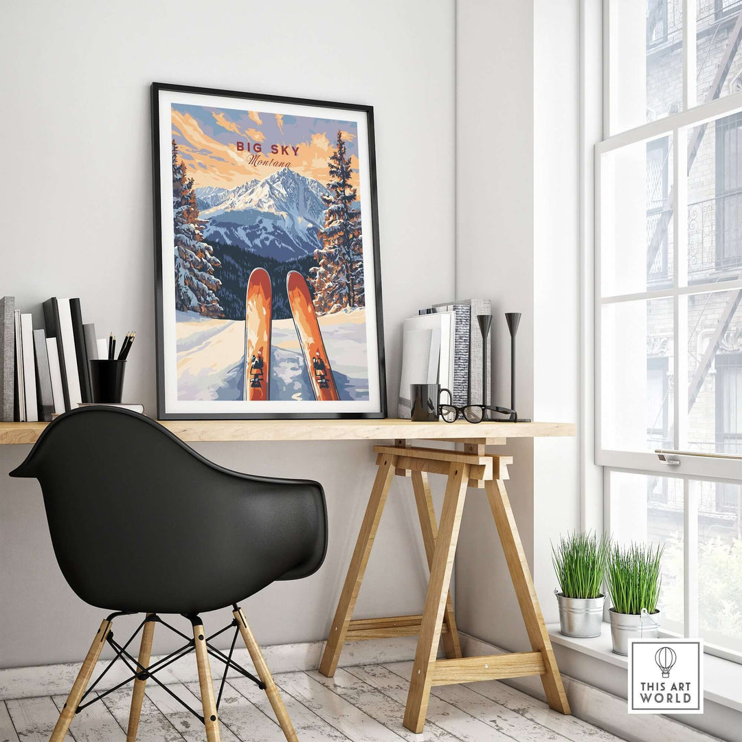 Big Sky wall art poster featuring skis and mountains in a modern home office setting with natural light.