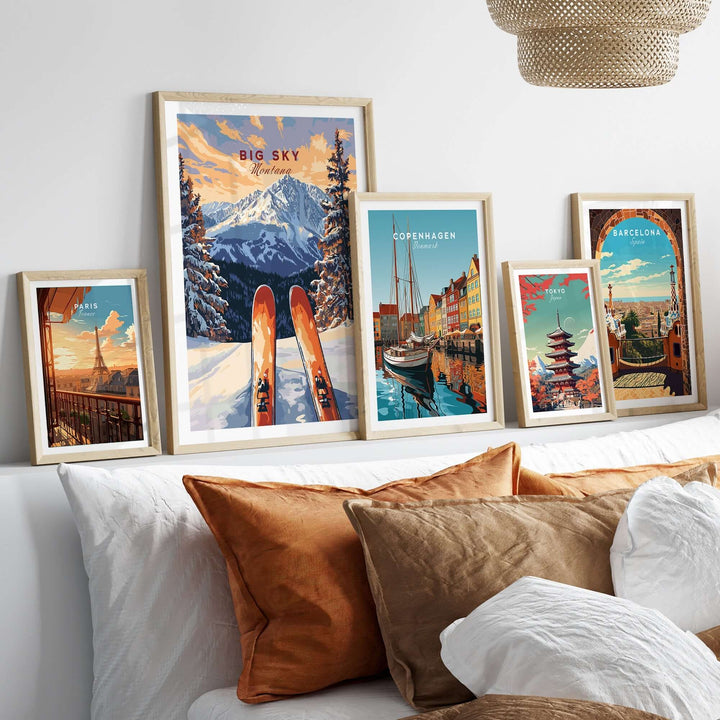 Big Sky Wall Art Poster featuring ski imagery, displayed among other travel prints in a cozy home setting.