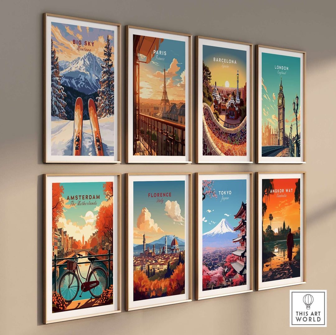 Colorful wall art featuring travel destination posters, including Big Sky, Paris, Barcelona, London, and more.