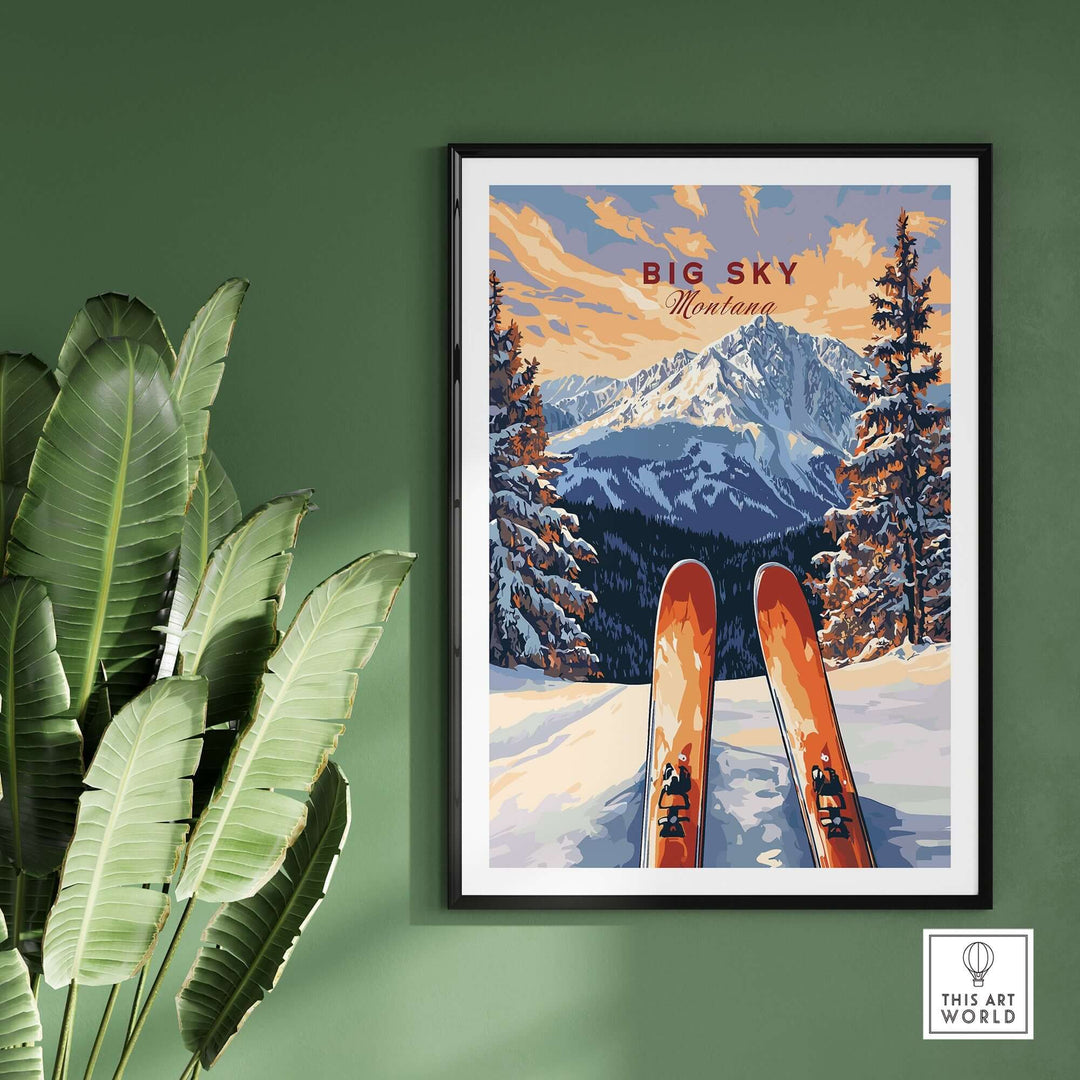 Big Sky ski print poster showcasing mountains and skis, perfect for ski enthusiasts' home decor.