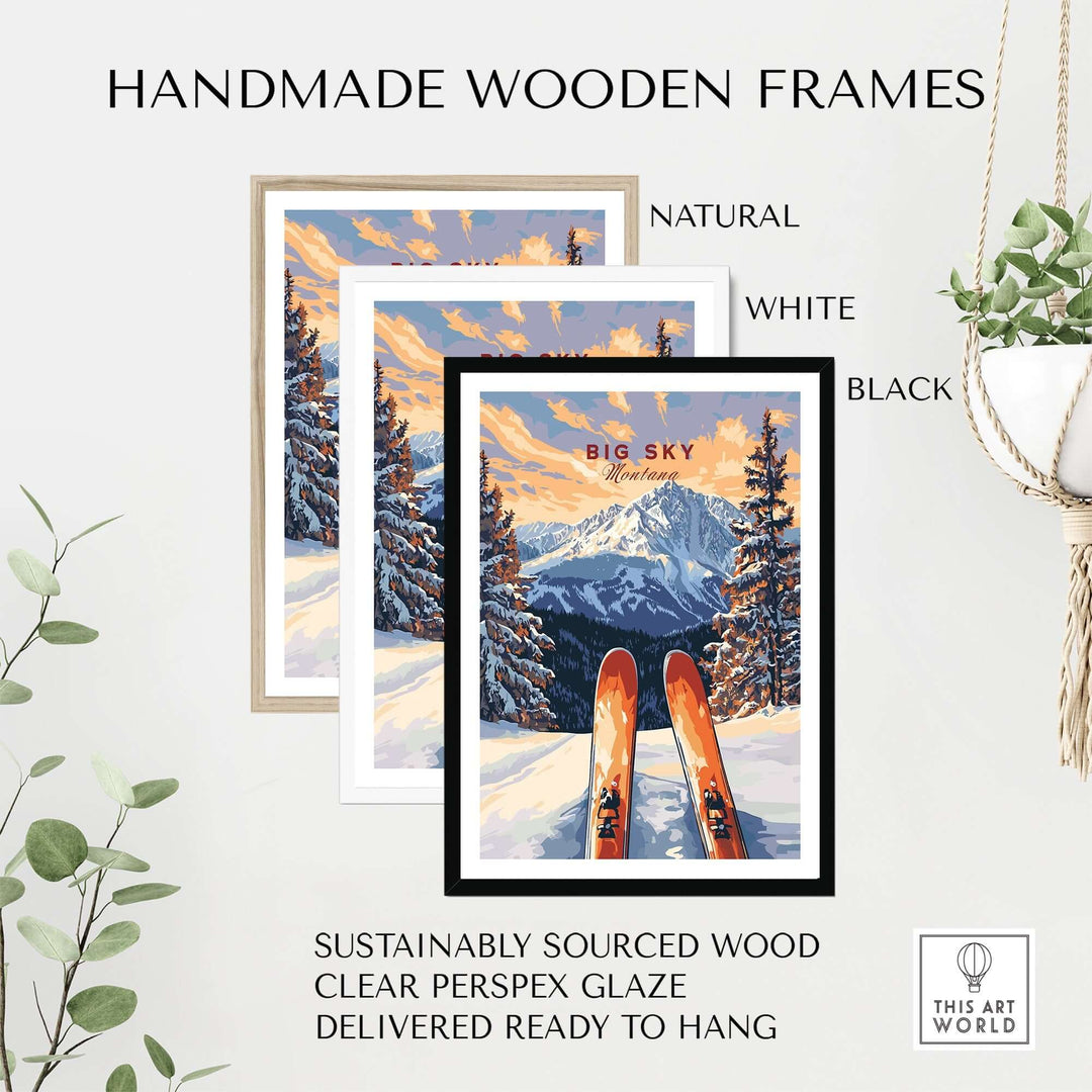 Handmade wooden frames for Big Sky Wall Art Poster in natural, white, and black options, sustainably sourced and ready to hang.