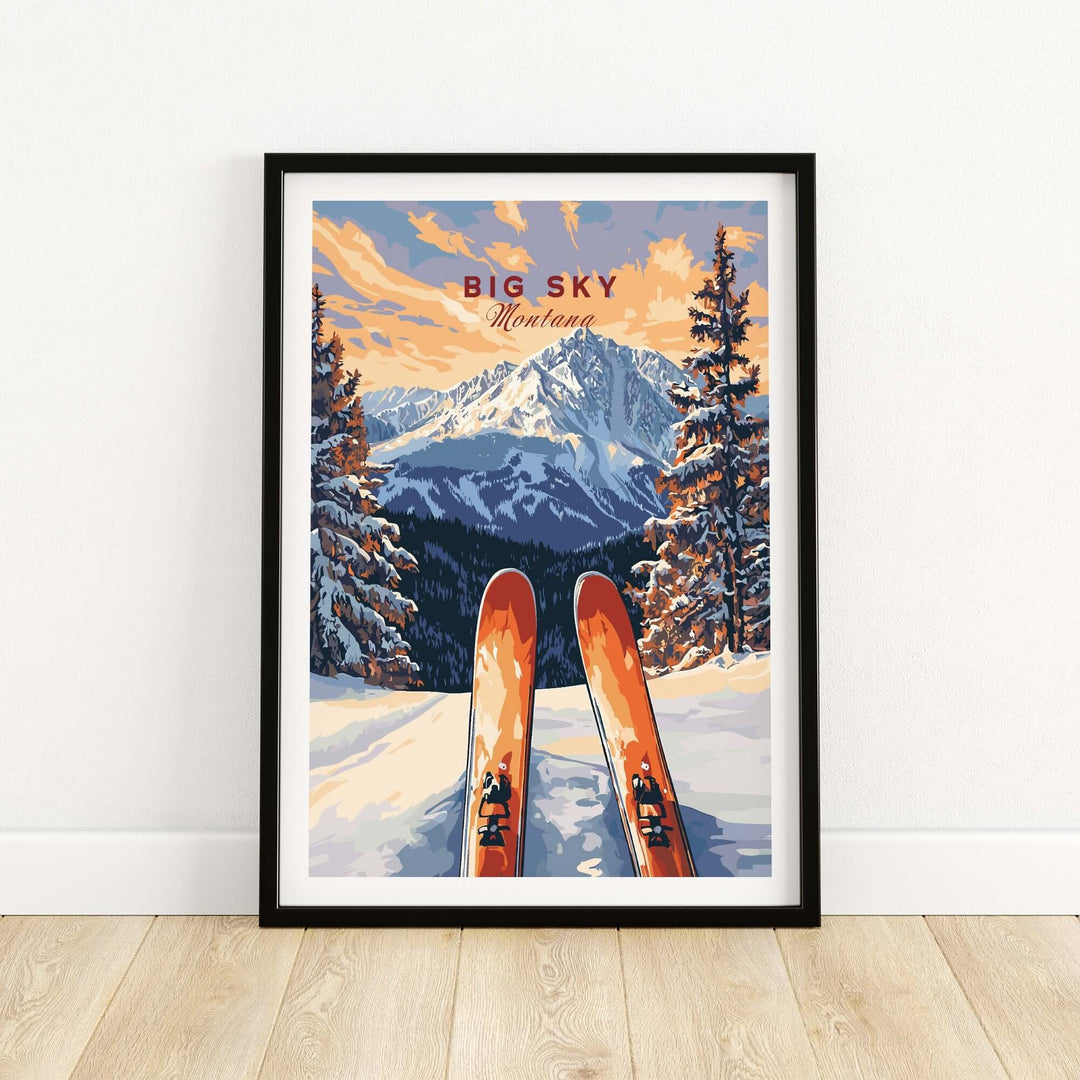 Big Sky Wall Art Poster featuring ski equipment and mountain scenery, perfect for ski enthusiasts.