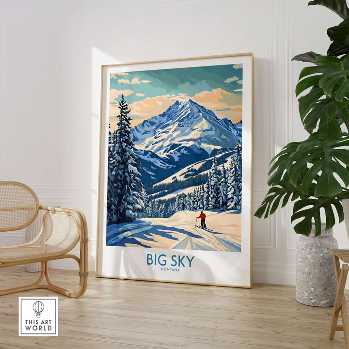 Big Sky Wall Art Print featuring vibrant mountain scenery and a skier, perfect for adding nature-inspired decor to your home.