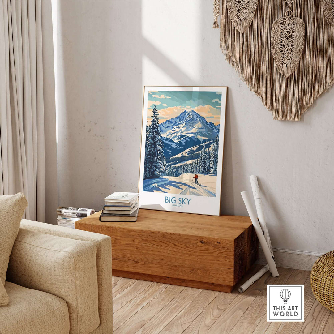 Big Sky Wall Art Print displayed in a stylish living room, showcasing vibrant mountain scenery and a cozy decor.