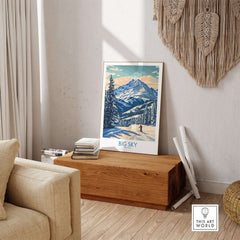 Big Sky Wall Art Print displayed in a stylish living room, showcasing vibrant mountain scenery and a cozy decor.