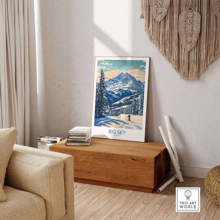 Big Sky Wall Art Print displayed in a stylish living room, showcasing vibrant mountain scenery and a cozy decor.