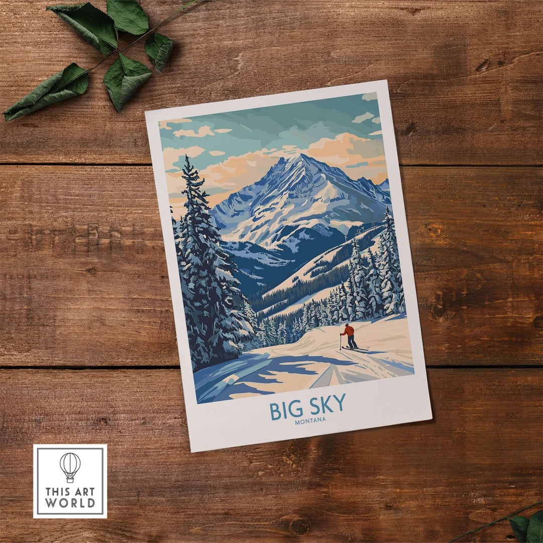 Big Sky wall art print featuring a vibrant mountain scene with skier, perfect for nature-inspired home decor.