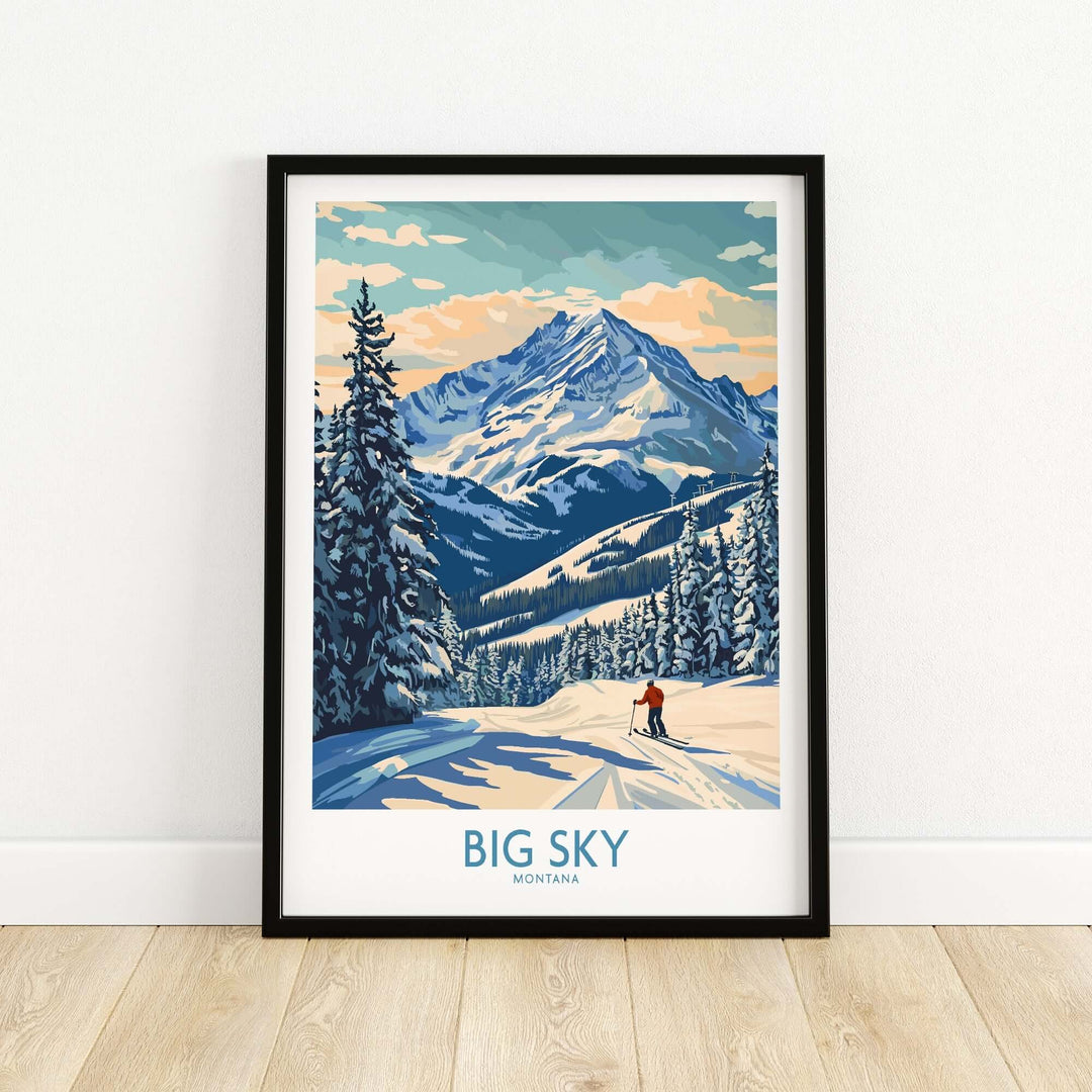 Big Sky Wall Art Print featuring a vibrant mountain landscape with snow and a skier in Montana, perfect for home decor.