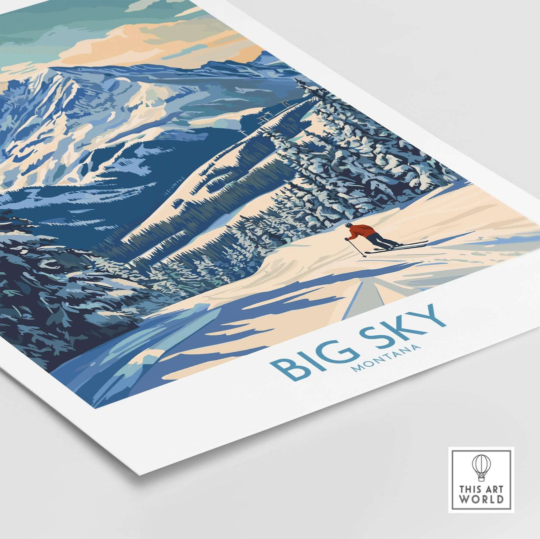 Big Sky Wall Art Print featuring a skier in a snowy mountainous landscape, vibrant blue skies and forested hills in Montana.