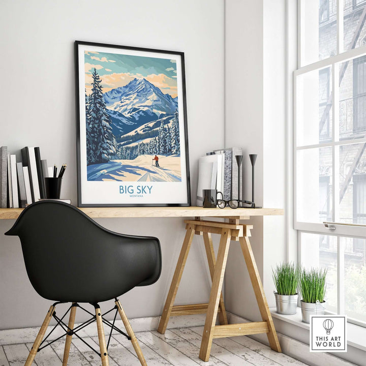 Big Sky Wall Art Print displayed in a modern workspace, inspiring nature vibes with vibrant mountain scenery.