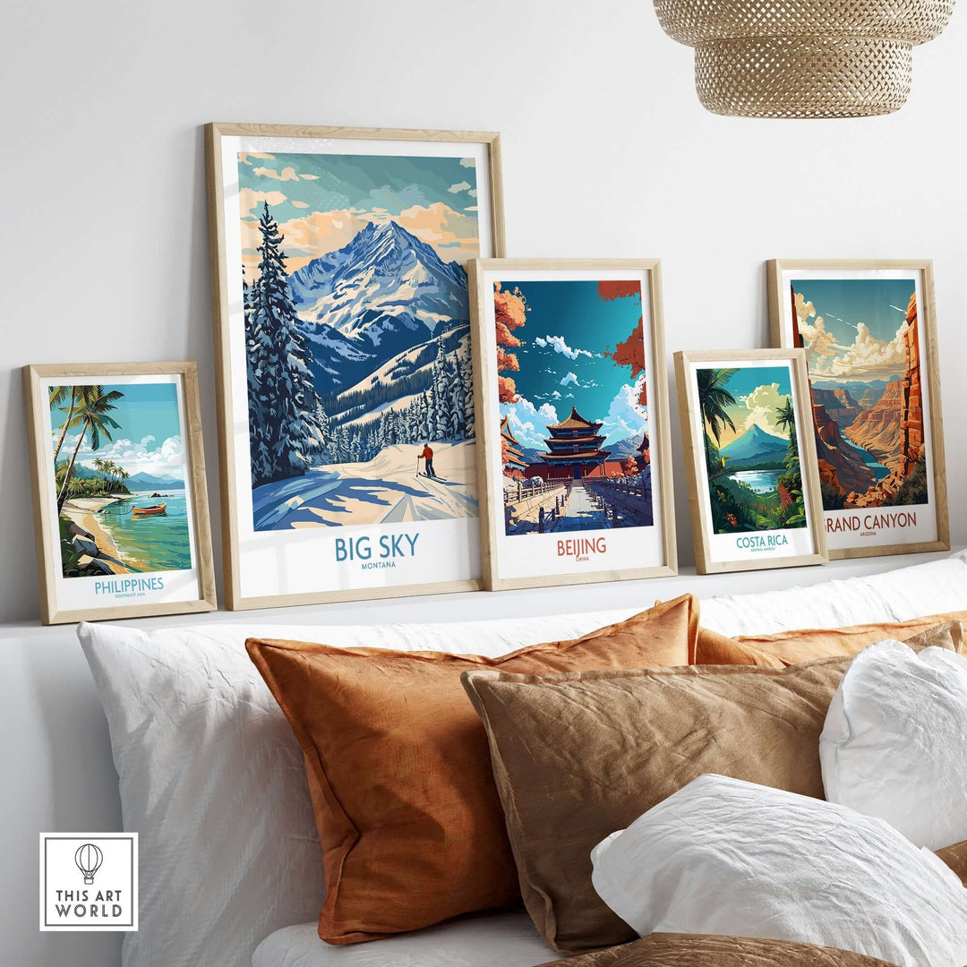 A stylish display of framed Big Sky Wall Art Print and travel-themed posters on a modern shelf, enhancing home decor.